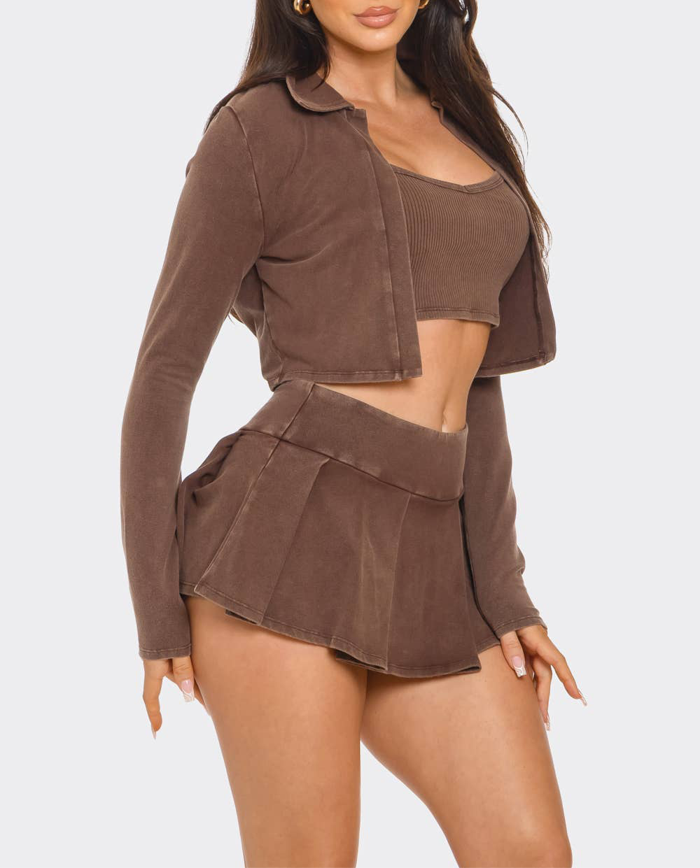 Tank w/ Top Jacket And Skort 3 Piece Set - Brown