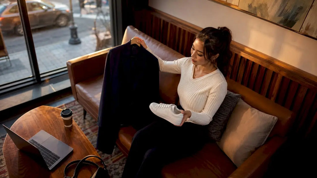 Young woman preparing streetwear interview outfit