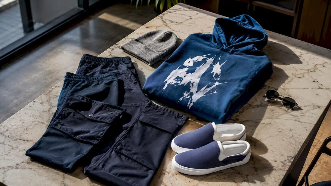 Flat lay of streetwear essentials