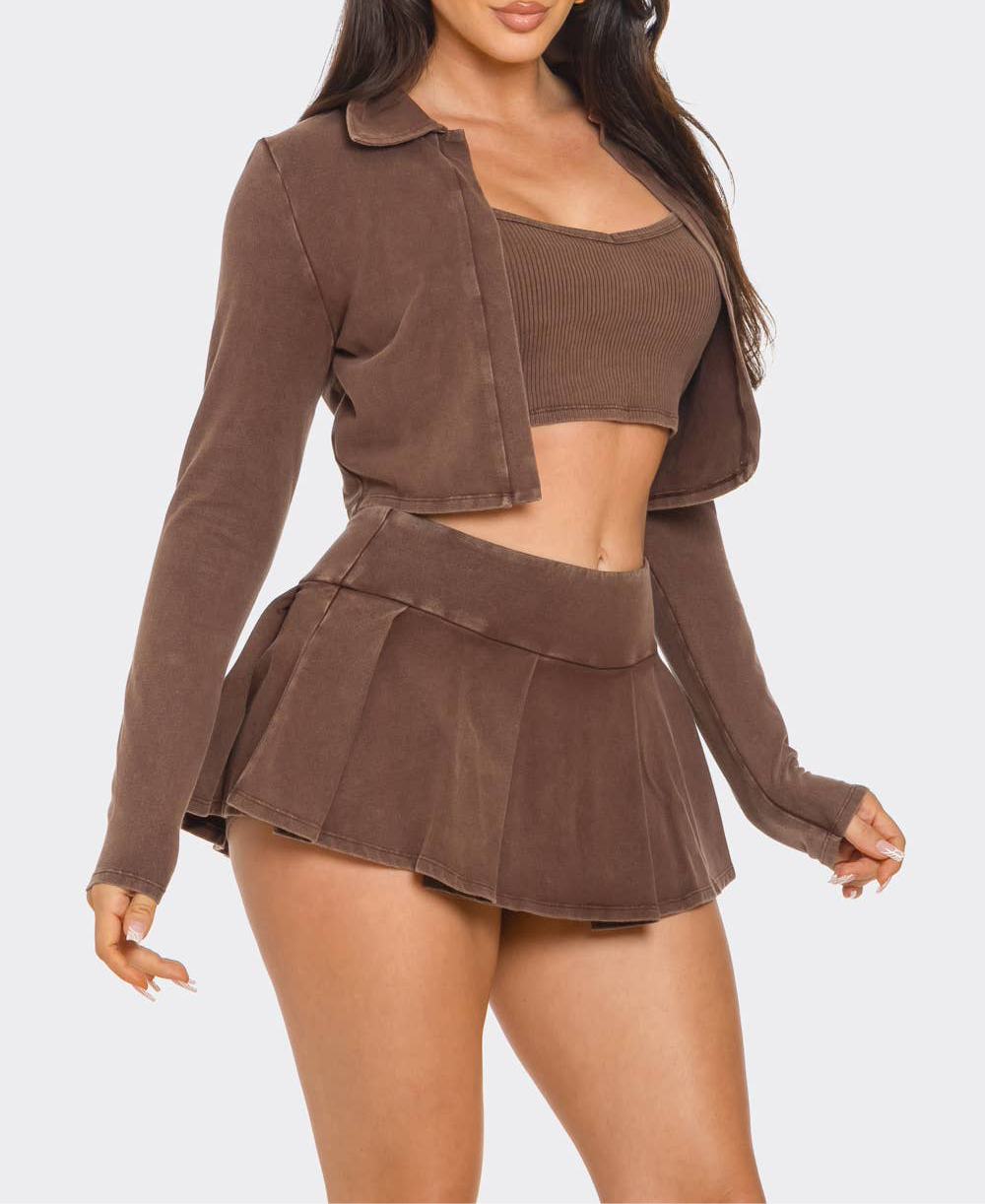 Tank w/ Top Jacket And Skort 3 Piece Set - Brown